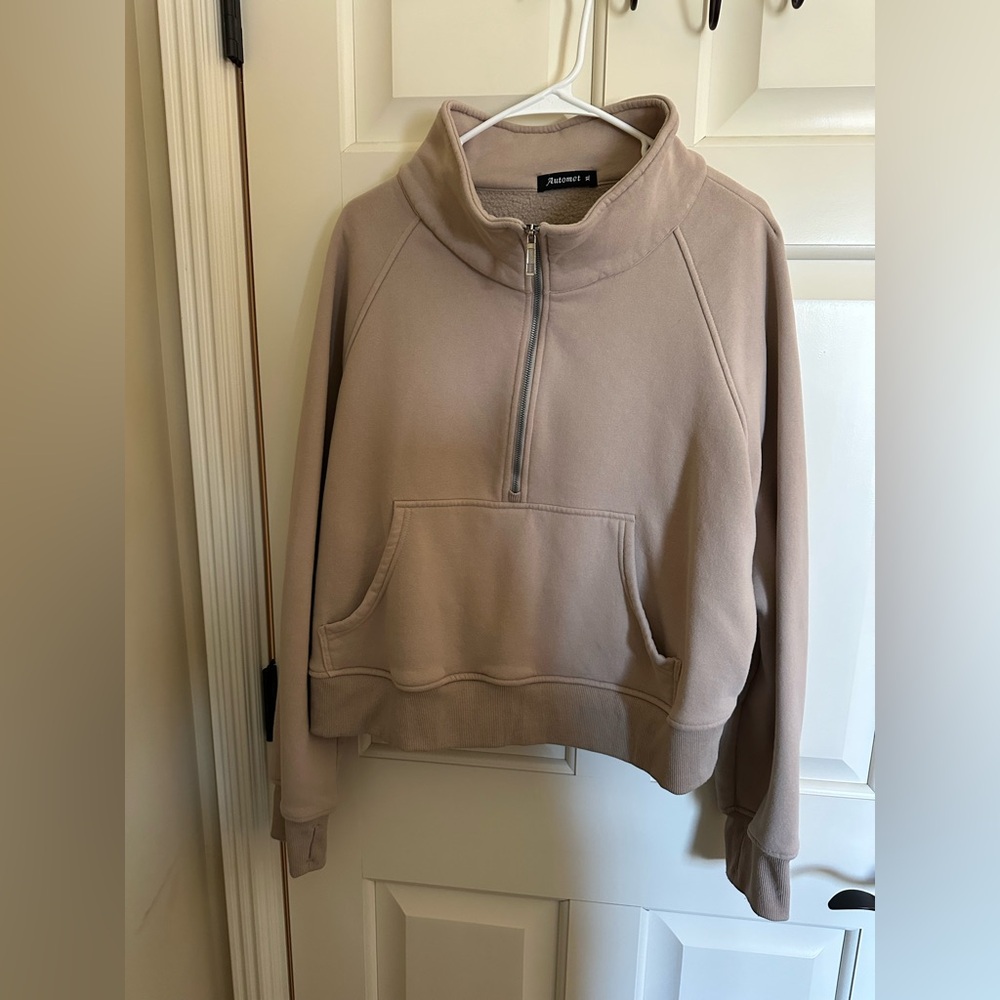 Taupe Cropped Half-Zip Pullover Hoodie - XL